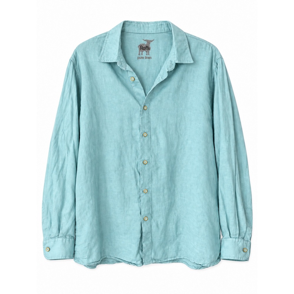 Raffi Mens XL Pure Linen Button Down Shirt Turquoise Blue Long Sleeve Casual